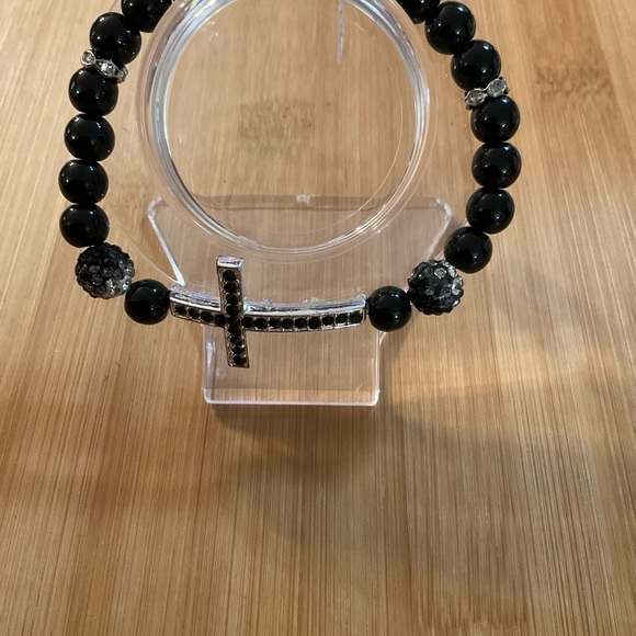 Hand Crafted Bracelet Black with Rhinestone Cross Pave Beads Stretch Unisex - Picture 3 of 7
